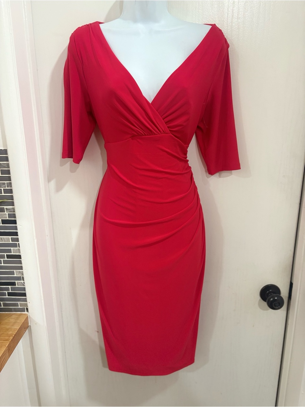 Lauren Ralph Lauren Women's Red V-Neck Ruched Sheath Dress